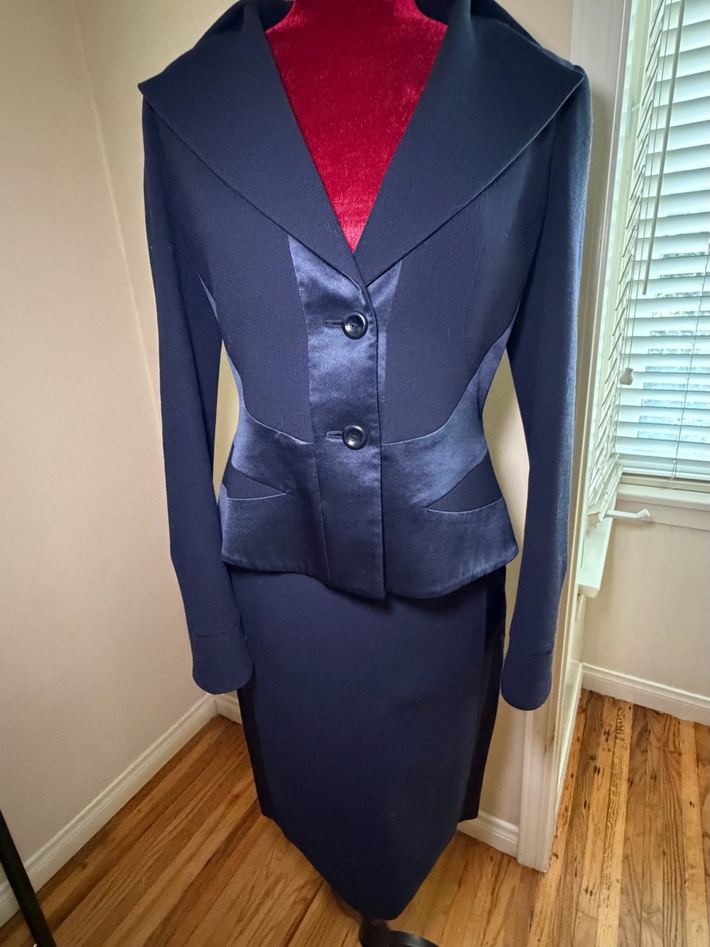 Navy Satin-Trim Tailored Women's Blazer and Skirt Set